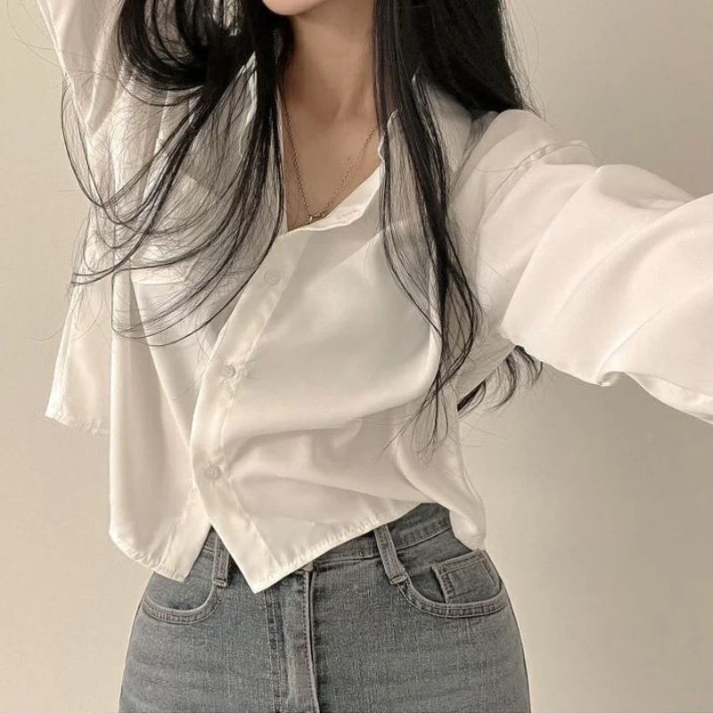 Vintage Shirts Women Chic Korean Fashion Simple All-match Long Sleeve Office Lady Tops Clothing Summer Sun-proof Elegant Cropped