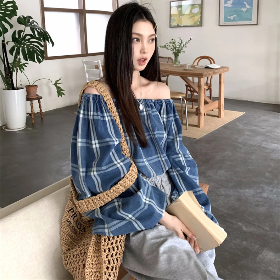 

Women's Spring Summer Plaid Denim Blouse 100% Cotton Pullovers Oversized Slash Neck Full Sleeve Tops Female 2024