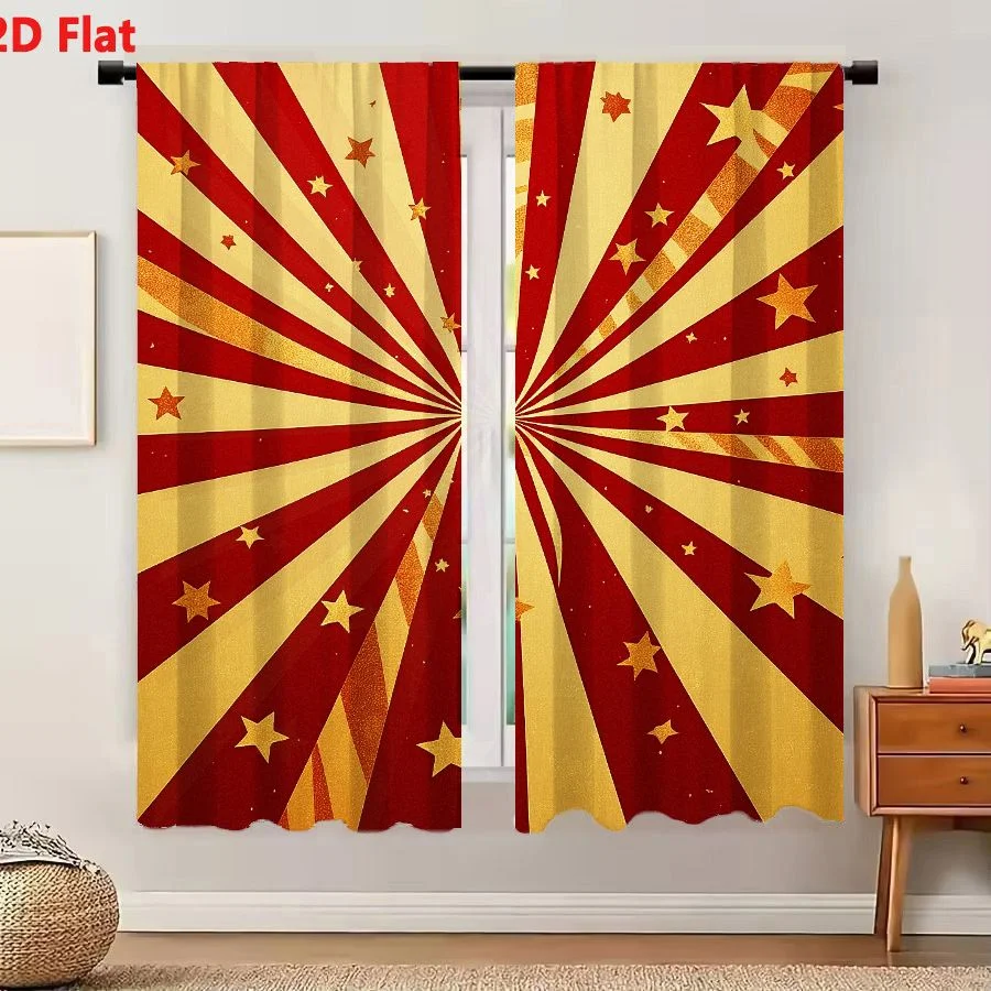 2Pcs Curtains Add 2D Flat Vibrant Retro Radial Burst Deep Red Golden Yellow Sunburst Stars Vintage Circus Carnival Theme Grainy