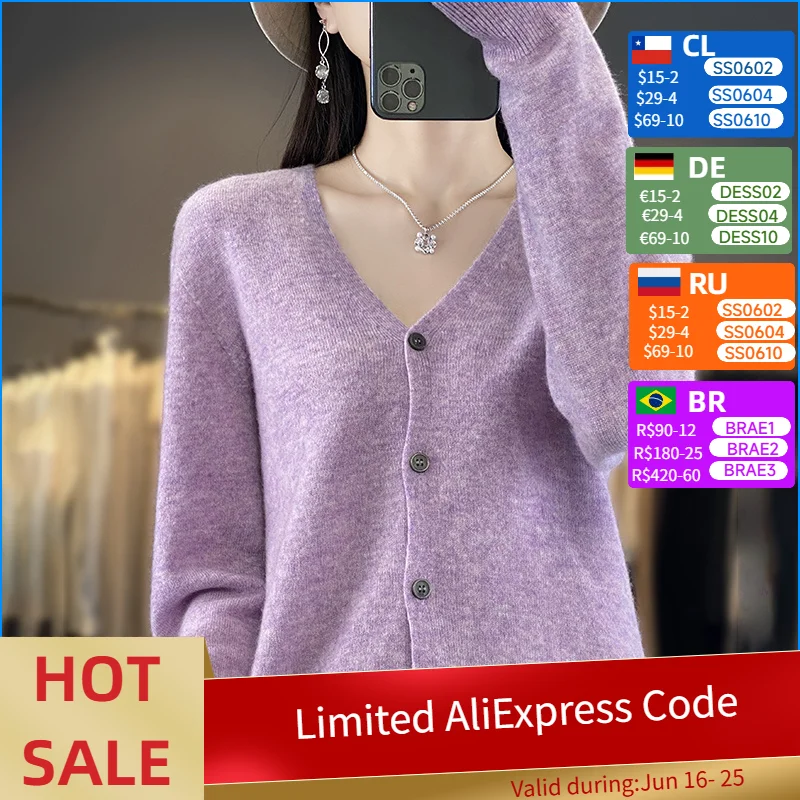 

Autumn Winter Women New 100% Merino Wool Sweater V-neck Solid Knitted Cardigan Casual Thick Jacket Loose Soft Knitwear
