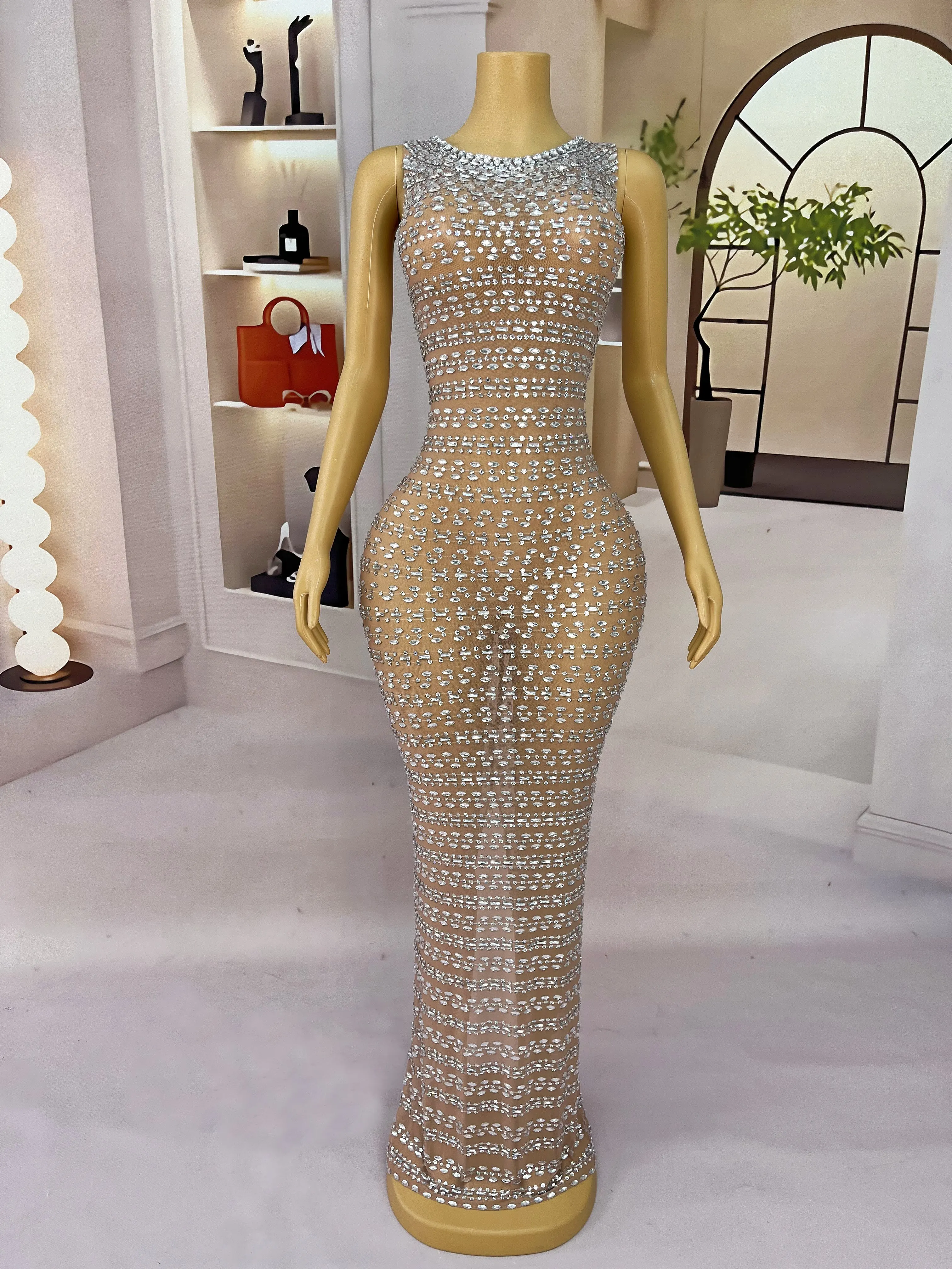 Elegant Twinkling Rinestones Sexy Nude Mesh Trim fiit Dress Women Evening Party Gown Show Red carpet Fashion Outfit Gangsiqiu