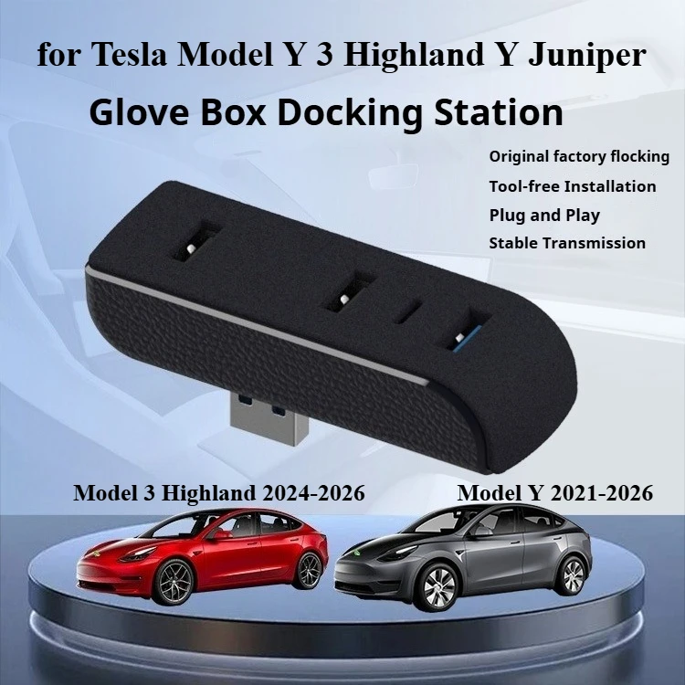 Glove Box Docking Station for Tesla Model Y 3 Highland Y Juniper USB Hub Ports 4in1 USB 3.0 Car Extender Charger Data Transfer