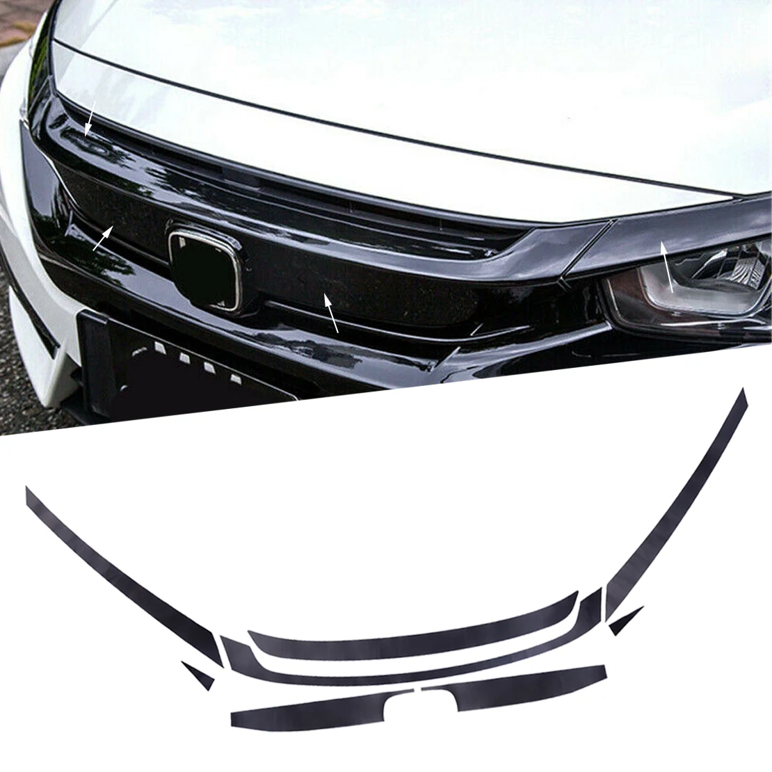 8pcs/set Matt Black Car Front Upper Bumper Grille Sticker Decal Molding Trim Vinyl Fit For Honda Civic 2016 2017 2018 2019 2020