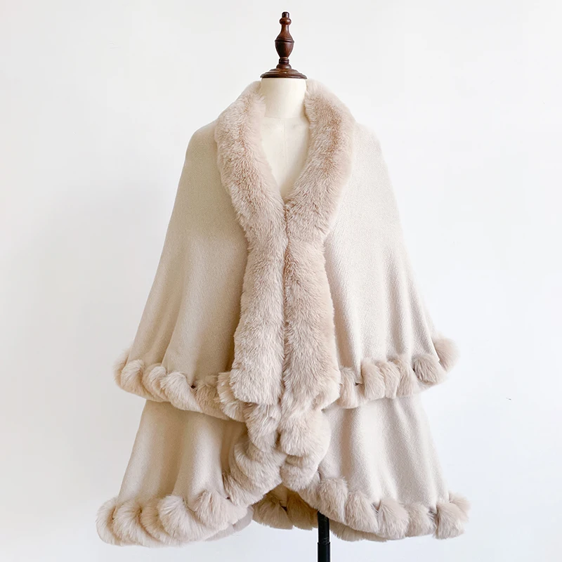 Neuer Winter-Umhang aus verdickter Nerzwolle mit vollen Borten, Kunstpelz-Umhang – Damen-Umhang mit Kapuze, lockerer Fleece-Umhang, Mantel, Partykleid, warm – Detail 3