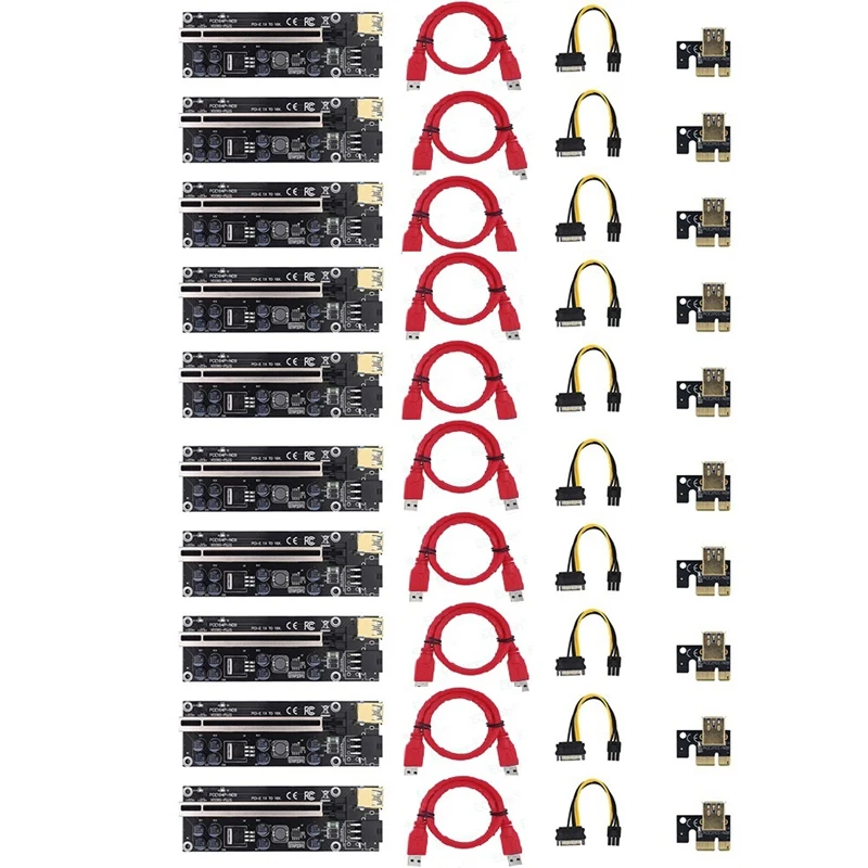 

NEW-10Pack VER009S Plus PCI-E Riser Card PCI Express 1X To16x Adapter With USB 3.0 Cable SATA To 6Pin Power Cable For Mining