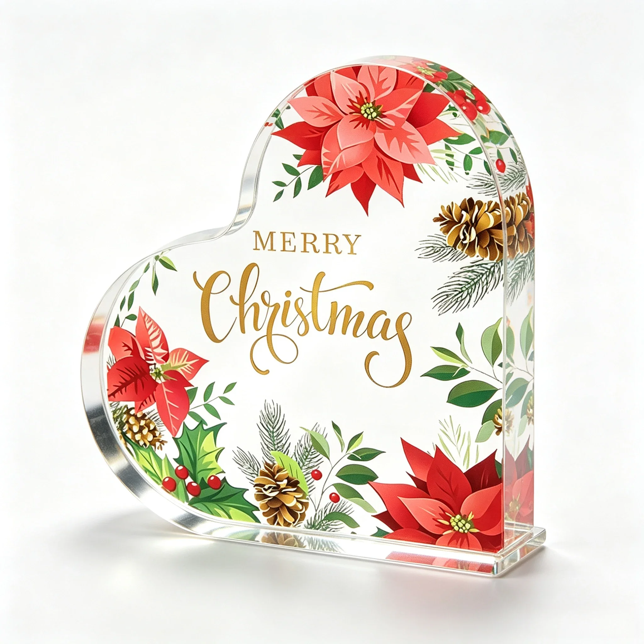 Merry Christmas Poinsettia Heart‑Shaped Acrylic Plaque, Winter Tabletop Decoration