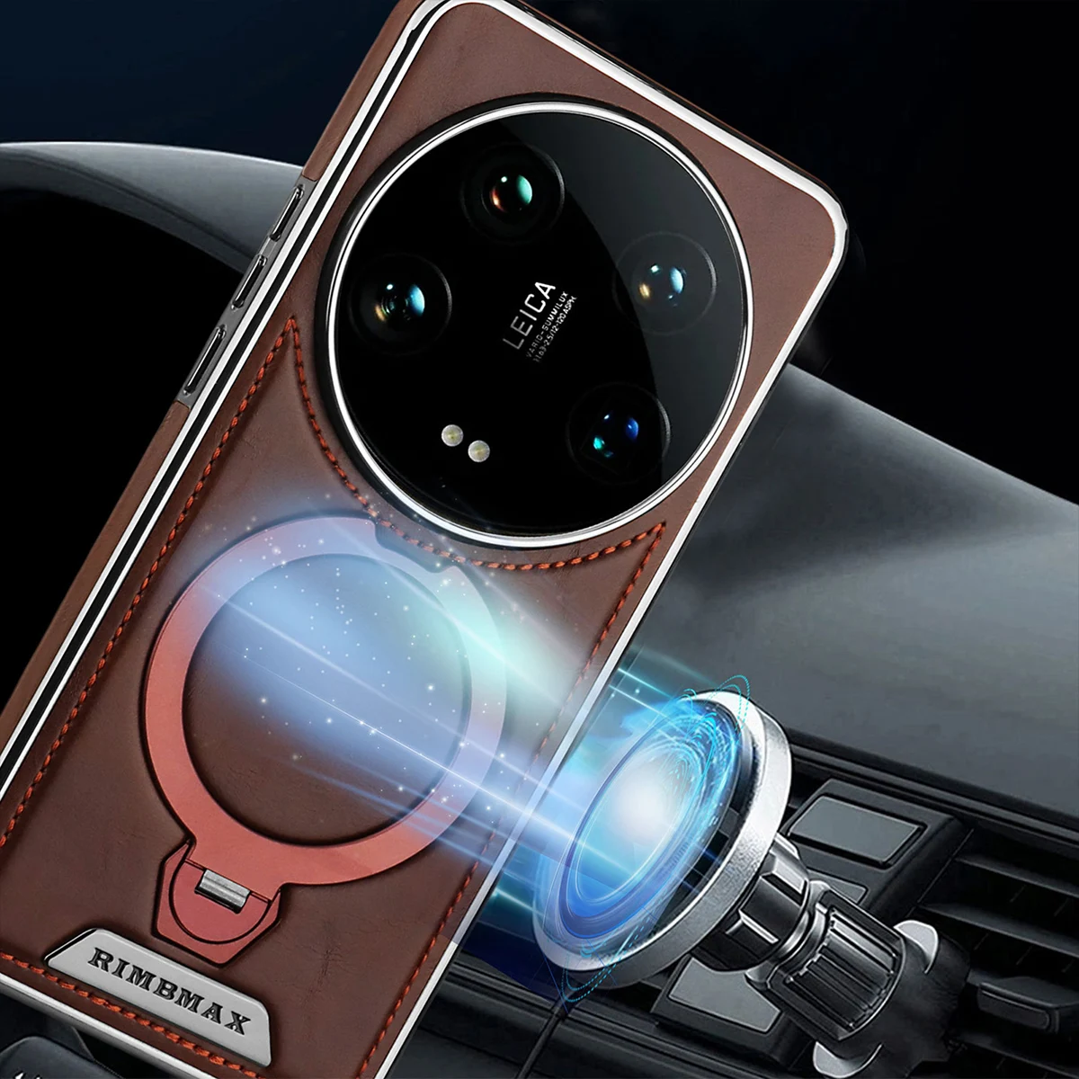 حافظة لهاتف Xiaomi 15 Ultra Magsafe من الجلد المنقوش بحافة مغطاة 360 درجة °   دوران قوس معدني غطاء مطلي بالكهرباء