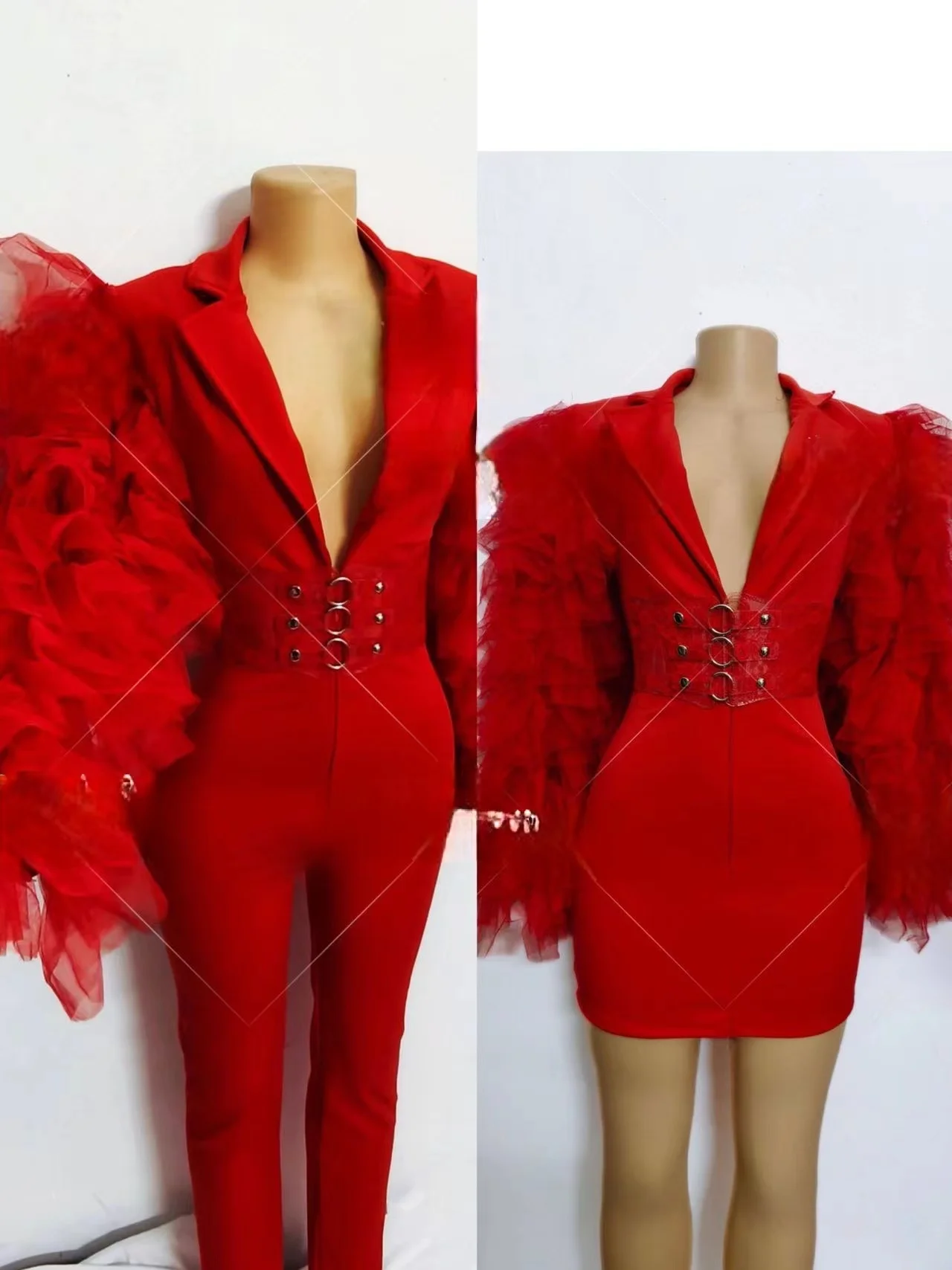 

Red Mesh Bubble Long Sleeve Dress/Jumpsuit Female Singer Festival Outfit Valentine's Christmas Day Jazz Dance Stage Wear 2 Style