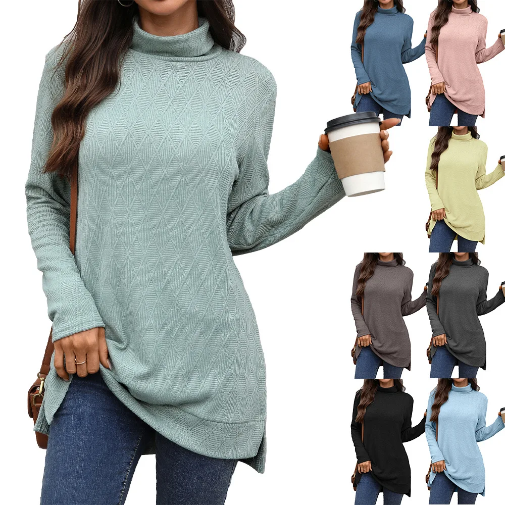 

Women's Turtleneck Pullover Fashion Solid Color Casual Long-Sleeved Slit Blouses Female Autumn High-neck Loose Jacquard Tops