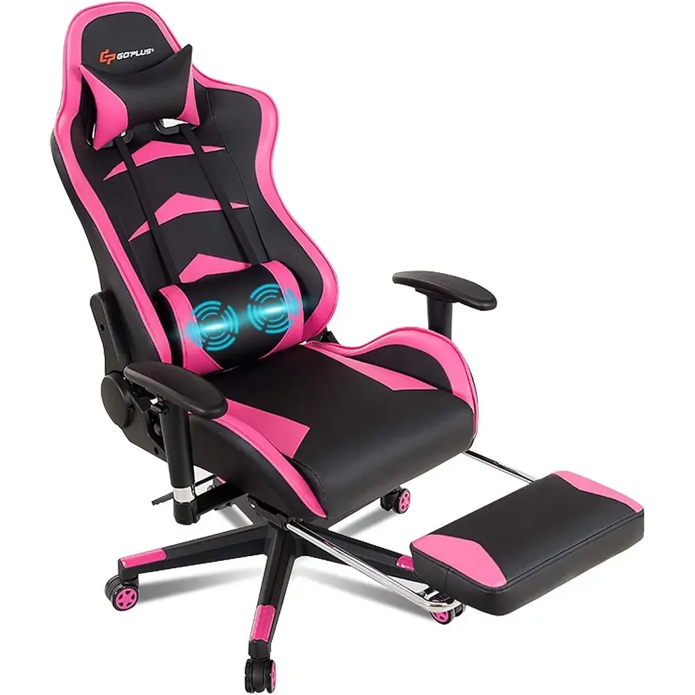 Ergonomic Pink Gaming Chair with Lumbar Massage, High-Back Leather Recliner for Women and Esports Enthusiasts