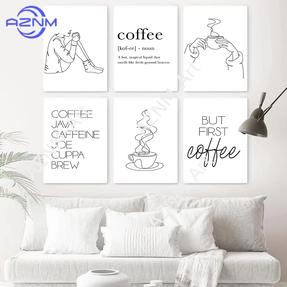1/6 Stück Nordisches Kaffeebar-Schild Wandbild Kunstdruck Schwarz-Weiß Minimalistische Küchenkunst Leinwand Café-Poster Wanddekoration