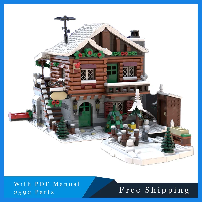 2592 piezas de casa de madera de montaña nevada, tecnología Modular, bloques de construcción MOC, modelo de ensamblaje, juego de juguetes, regalo de Navidad para niños