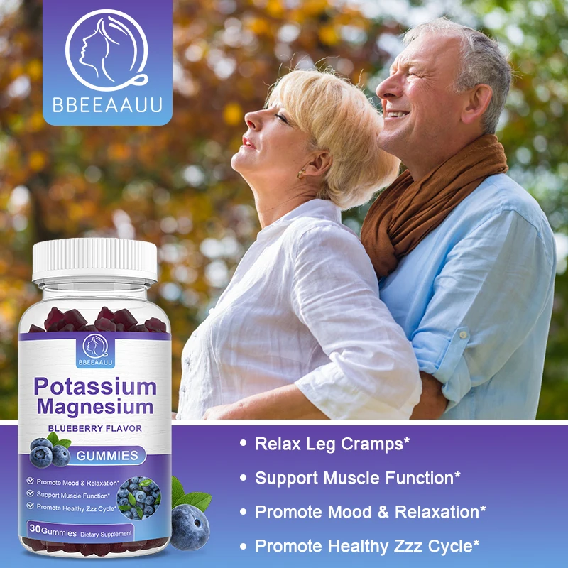 BBEEAAUU Potassium Magnesium Gummies for Leg Cramps & Muscles Health Sleep Better Nervous System Health Balanced Blood Pressure