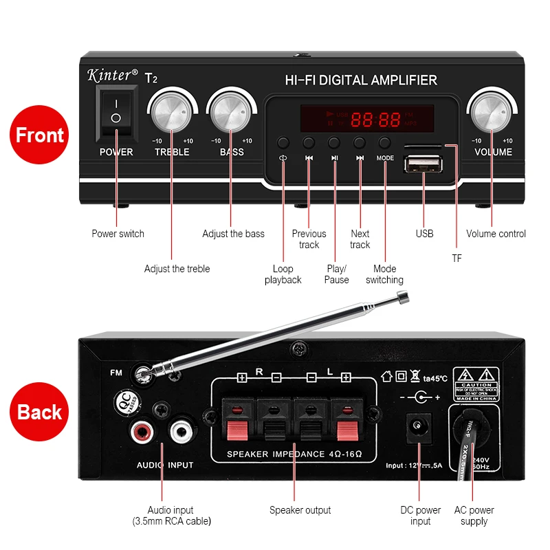 KINTER Multi-function Bluetooth Audio Amplifier 2-channel Stereo USB TF Player Power Amplifier FM Radio 100-240V T1 T2