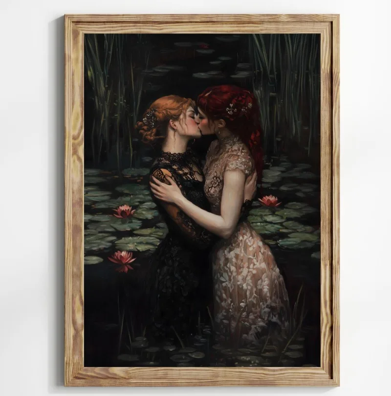 لوحة قماشية فيكتورية قوطية ، قبلة صديقات ، ملصق أكاديمي مظلم ، لوتس بحيرة ، فن جداري ، ديكور منزلي ، طباعة
