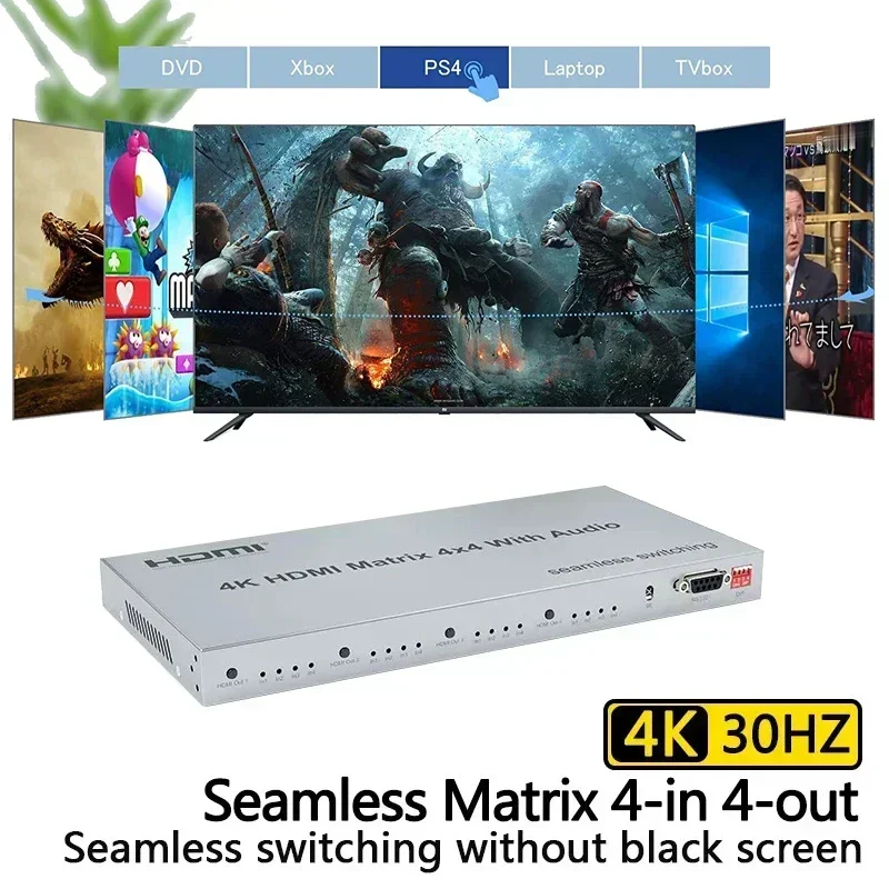 4K 4x4 HDMI Matrix with Audio Extractor 4K 60Hz Video Switcher Splitter 4 in 4 Out Seamless Switch RS232 for PS4 PC To TV