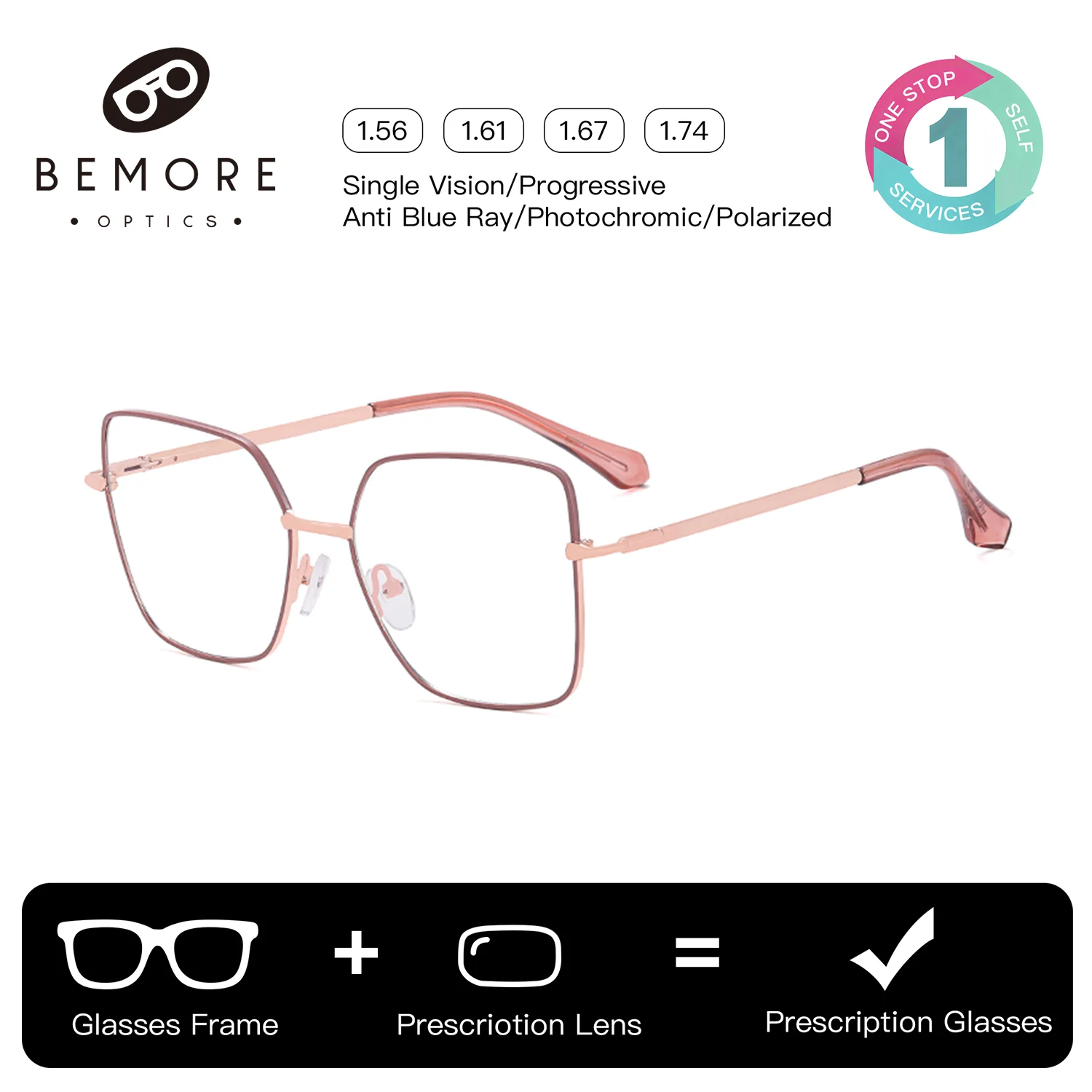 

BEMORE Woman Square Butterfly Metal Alloy Optical Lenses with Recipe Anti-Blue Ray Photochromic Grey Prescription Eyewear