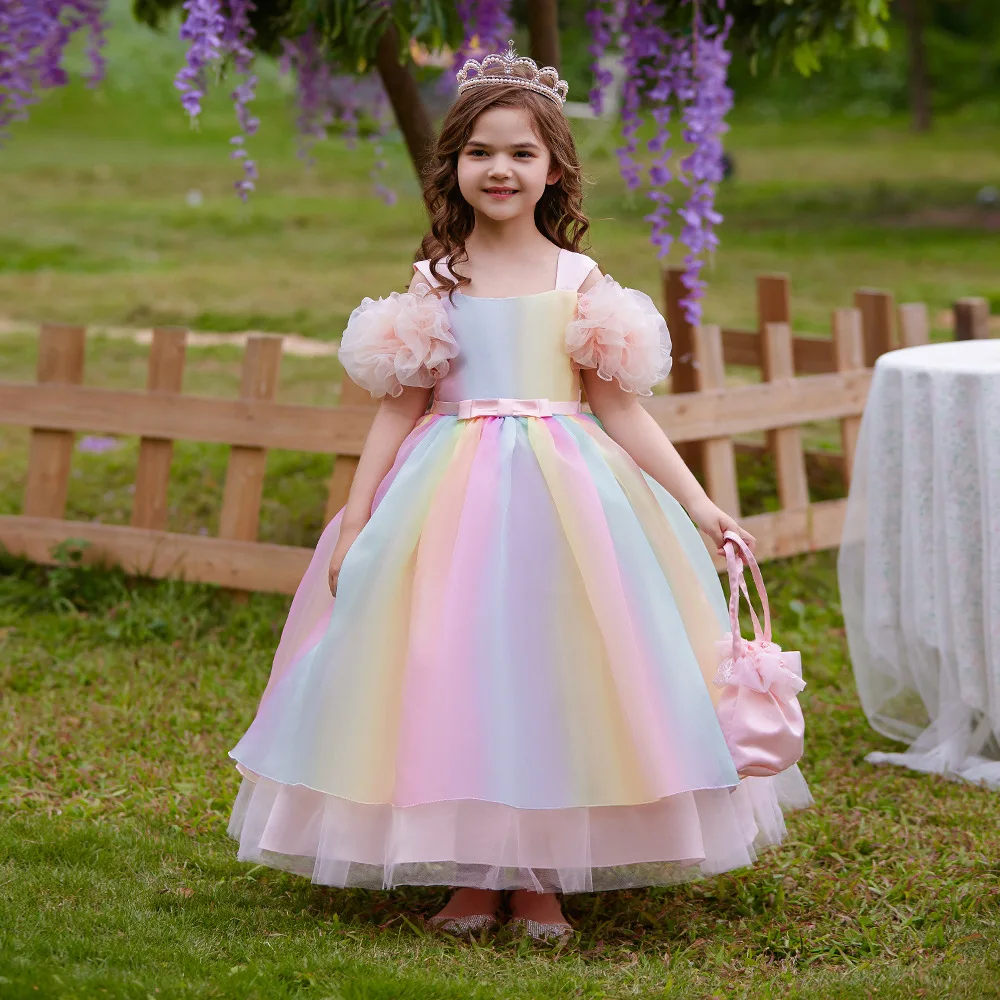 

Colorful Tulle Bridesmaid Girl Dresses Fluffy Banquet Prom Gown Birthday Party Princess Kids Dress for Girls Bow Wedding Costume