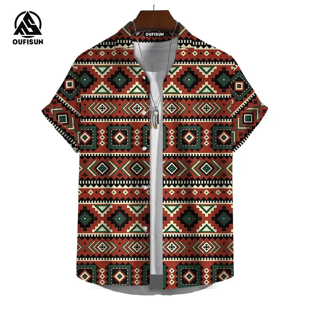 Vintage Hawaiian Shirts For Men Ethnic Pattern Printed Short Sleeve Tops Fashion Casual Men Clothing Loose Oversized Men's Shirt