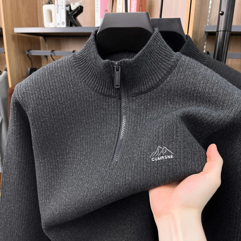 High Quality plush thicken knitted sweater brand fashion mountain peak embroidery men winter warm zipper semi high neck pullover