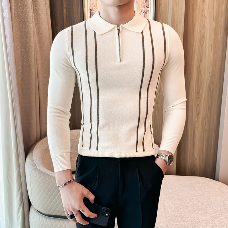 

Autumn Winter Striped Sweater Men Quality Fashion Zipper Turn Down Collar Long Sleeve Men's Casual Sweaters Slim Fit Pull Homme