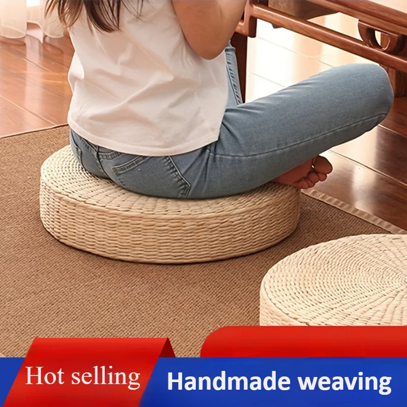 Handmade Straw Woven Round Futon Cushion Japanese Solid Color Bay Window Floor Tatami Pillow