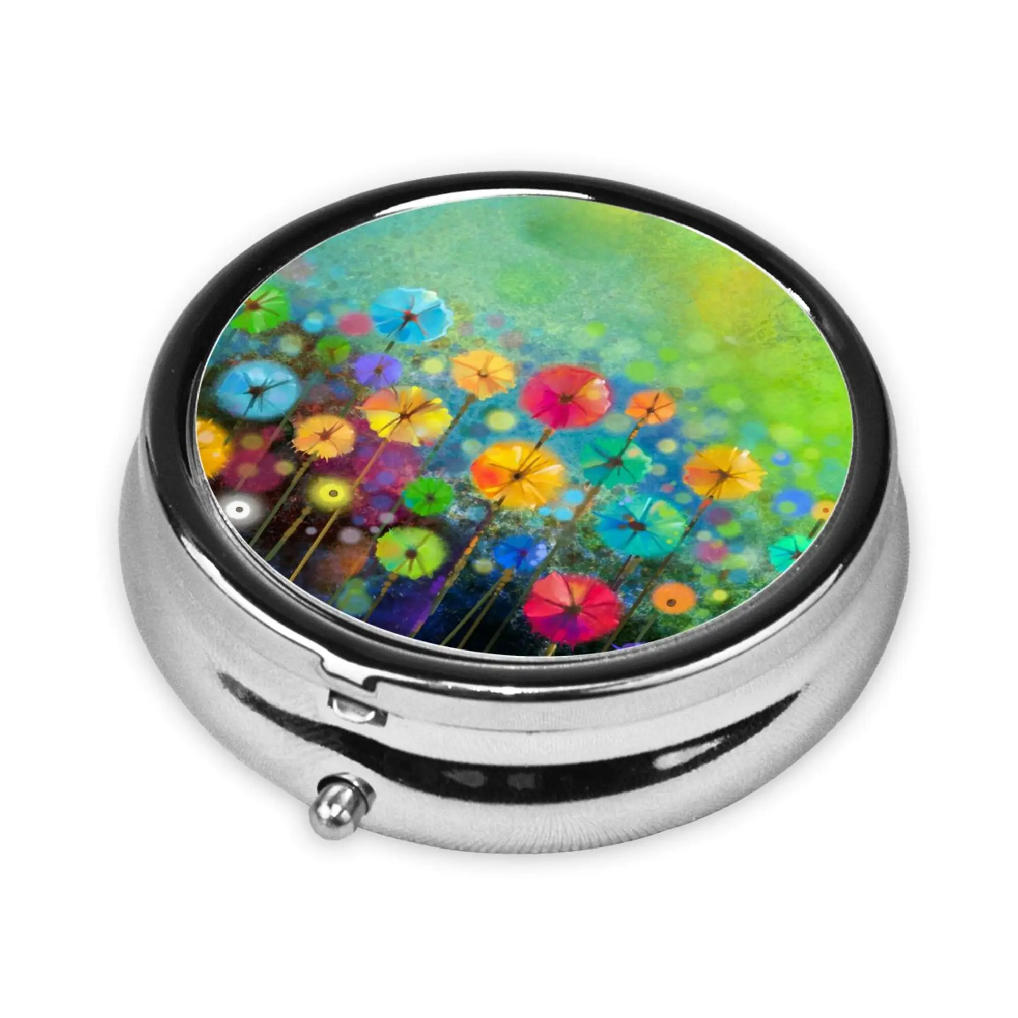 Abstract Floral Watercolor Painting Pill Box Round Pill case Three-Compartment Metal Medicine Vitamin Pill Organizer Portable