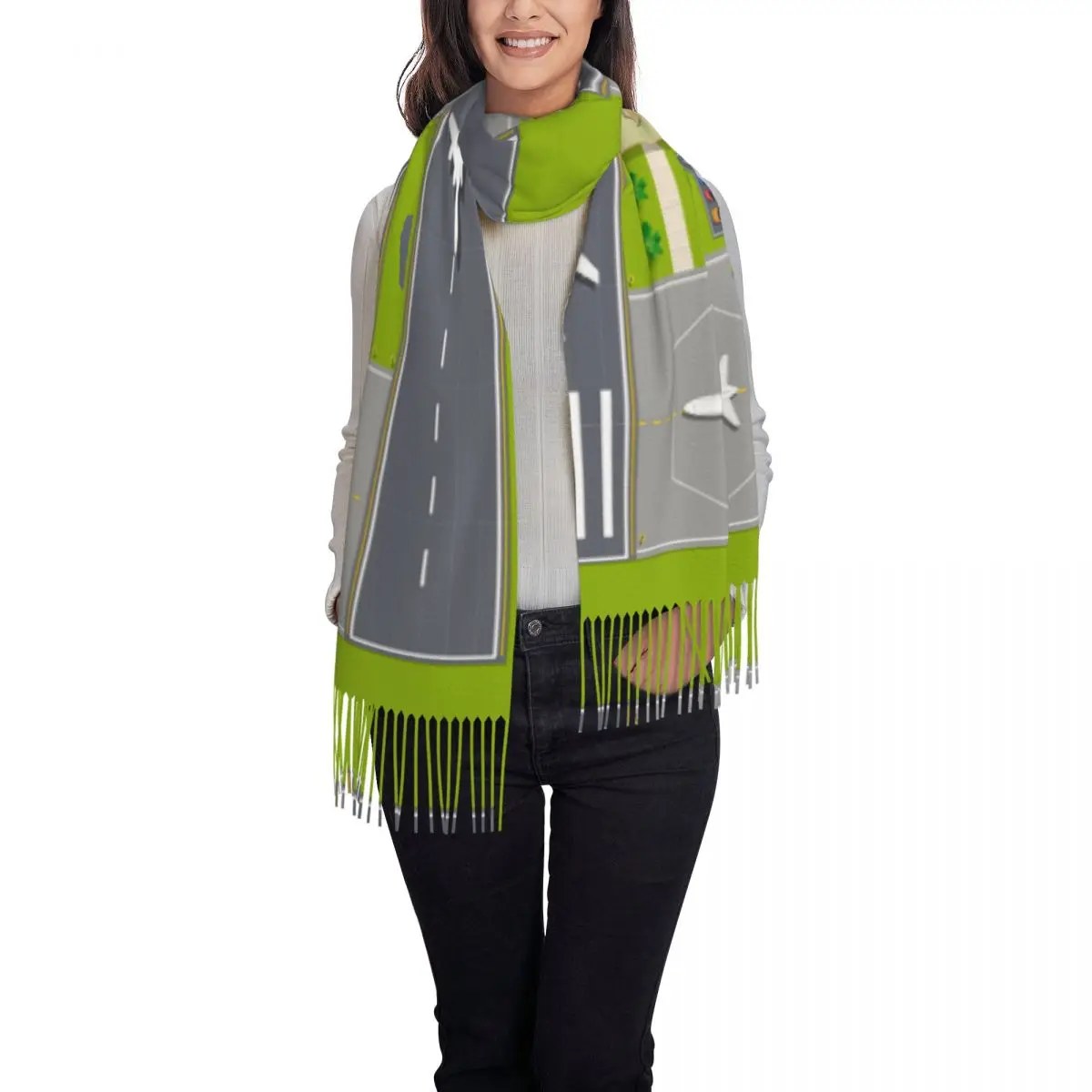 Custom Airport Passenger Aircraft Runway Model Scarf Wrap Tassel Shawl Unisex Aviation Airplane Runway Scarves