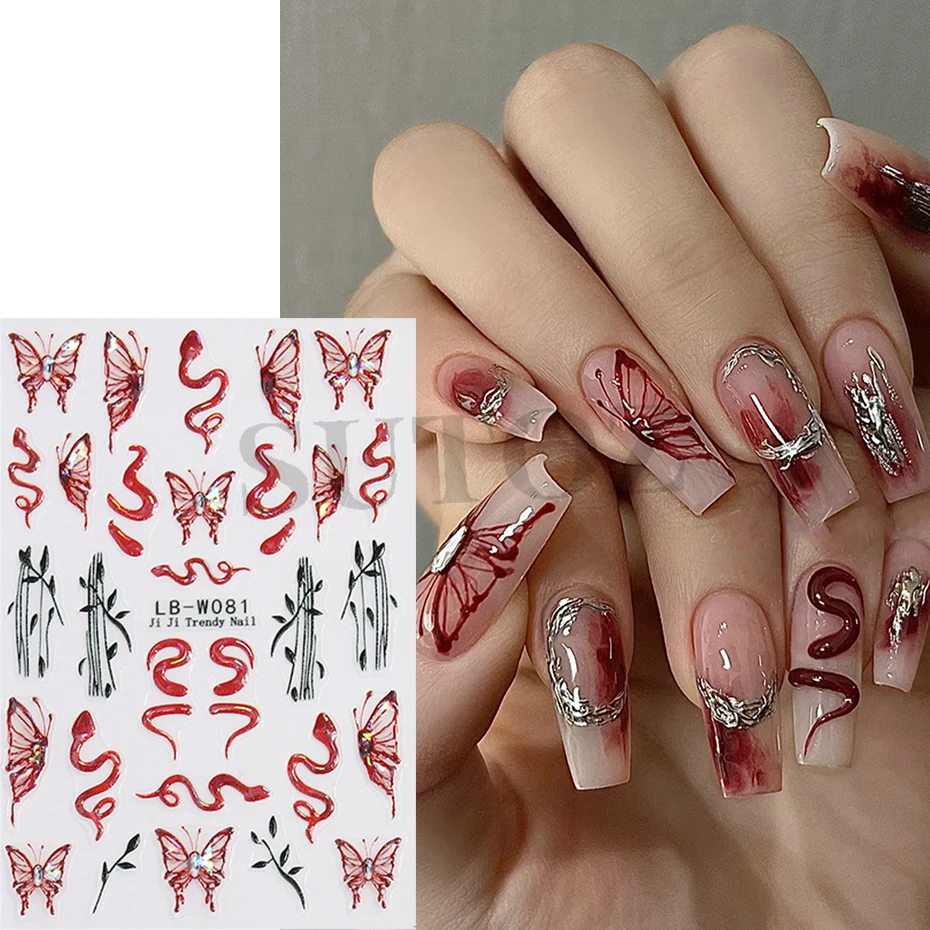 3D Laser Rode Vlinder Slang Nagels Art Stickers 2025 Nieuwjaar Retro Cool Girl Ontwerp Vlinders Slangen Manicure Decals # LB-W081