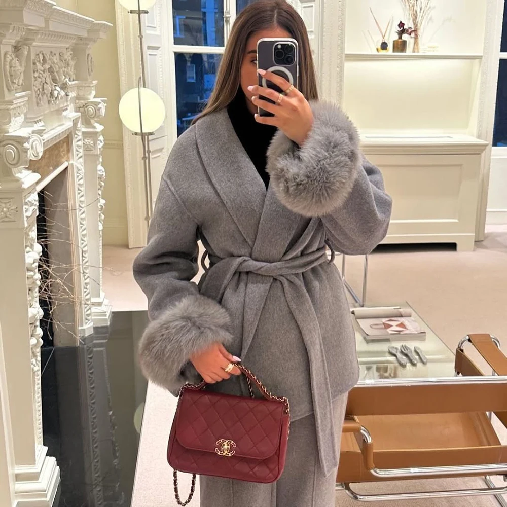 Talenza Fox Fur Wool Overcoat Women's Short Coat Office Lady Elegant Double-sided Woolen Coat 2025 Cardigan Jackets Loose Blends