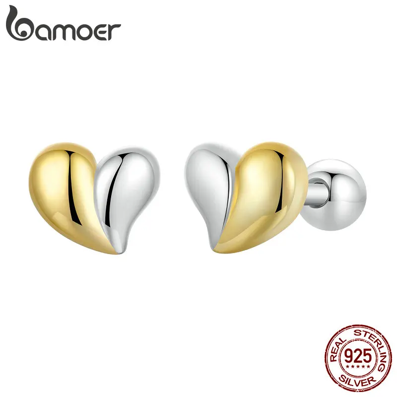 Bamoer Original 925 Sterling Silver Two tone Mini Heart Stud Earrings White Gold For Women Anniversary Party Gift Fine Jewelry