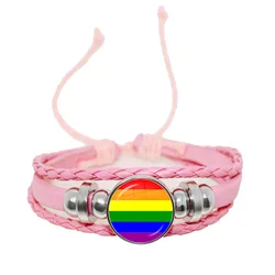 LGBT Gay Pride Theme Pink Weave Leather Bracelet 18mm Glass Cabochon Snap Button Bangle Jewelry for Women Men Gift