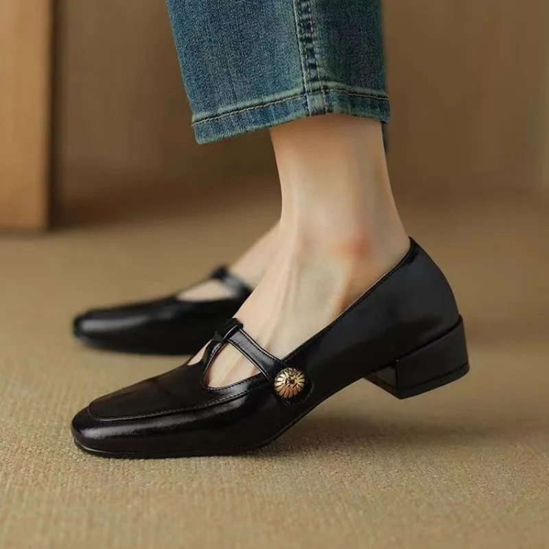 2024 Vintage Women's Shoes Thick Heel Mary Jane Shoes Slip-on Mid-high Square Head Shallow Single Summer Pu Insole Rubber Upper