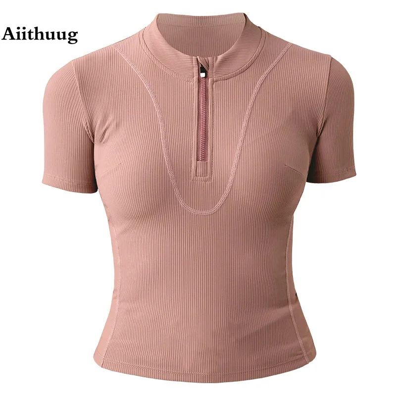 Aiithuug Ribbed Fabric Quater Zip Yoga Short Sleeve Ribbed Gym Tops Sports Top Workout Fitness Zipper Shirt Running Shirts