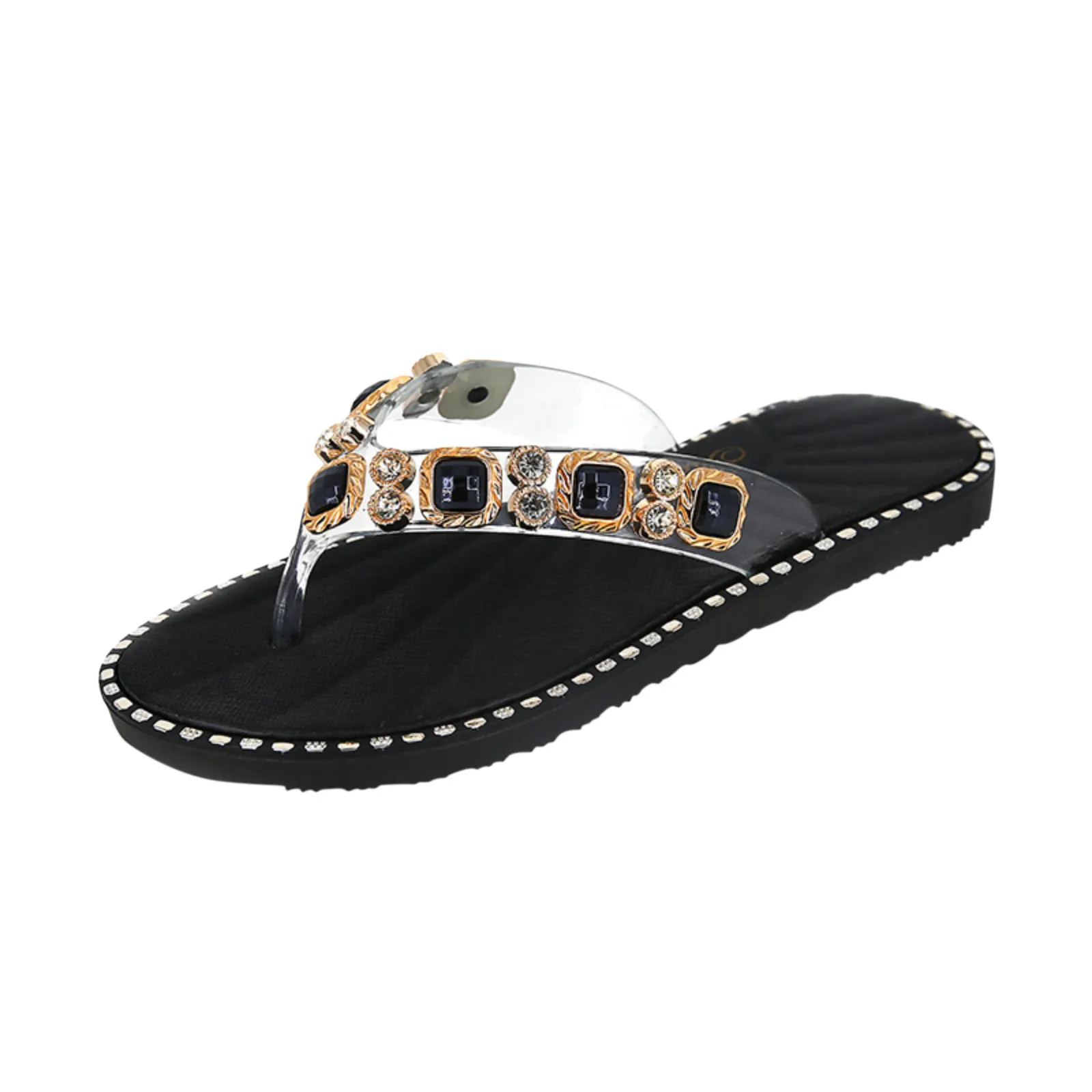 Women Slippers Summer 2023 New Outdoor Flat Flip Flops Fashion Rhinestone PVC Strap Comfortable Open Toe Luxury Beach Sandals