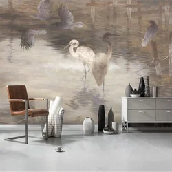 Papel tapiz Retro Para decoración del hogar, Mural fotográfico 3D, naturaleza, loto, estanque, grúa, dormitorio, Fondo de TV, pintura de pared de gran tamaño