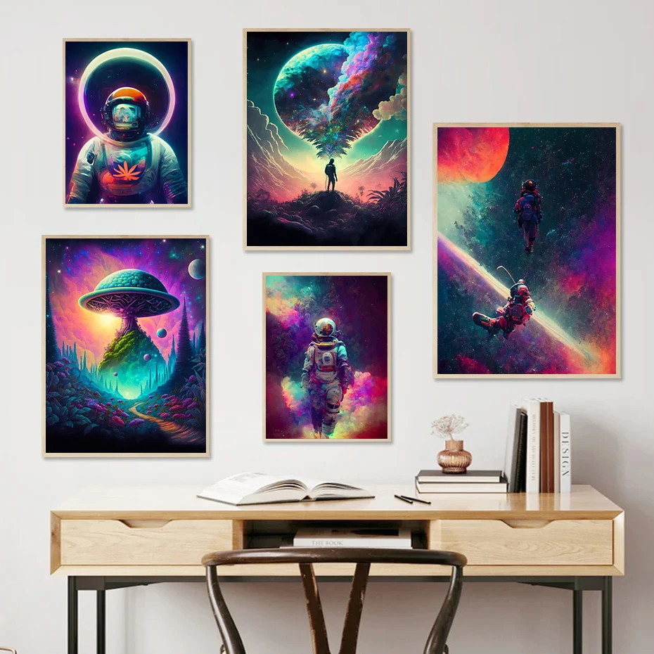 

Colorful Astronaut Space Trip Landed With Smoke Posters Prints Canvas Painting Weed Planet Wall Art For Living Room Home Decor