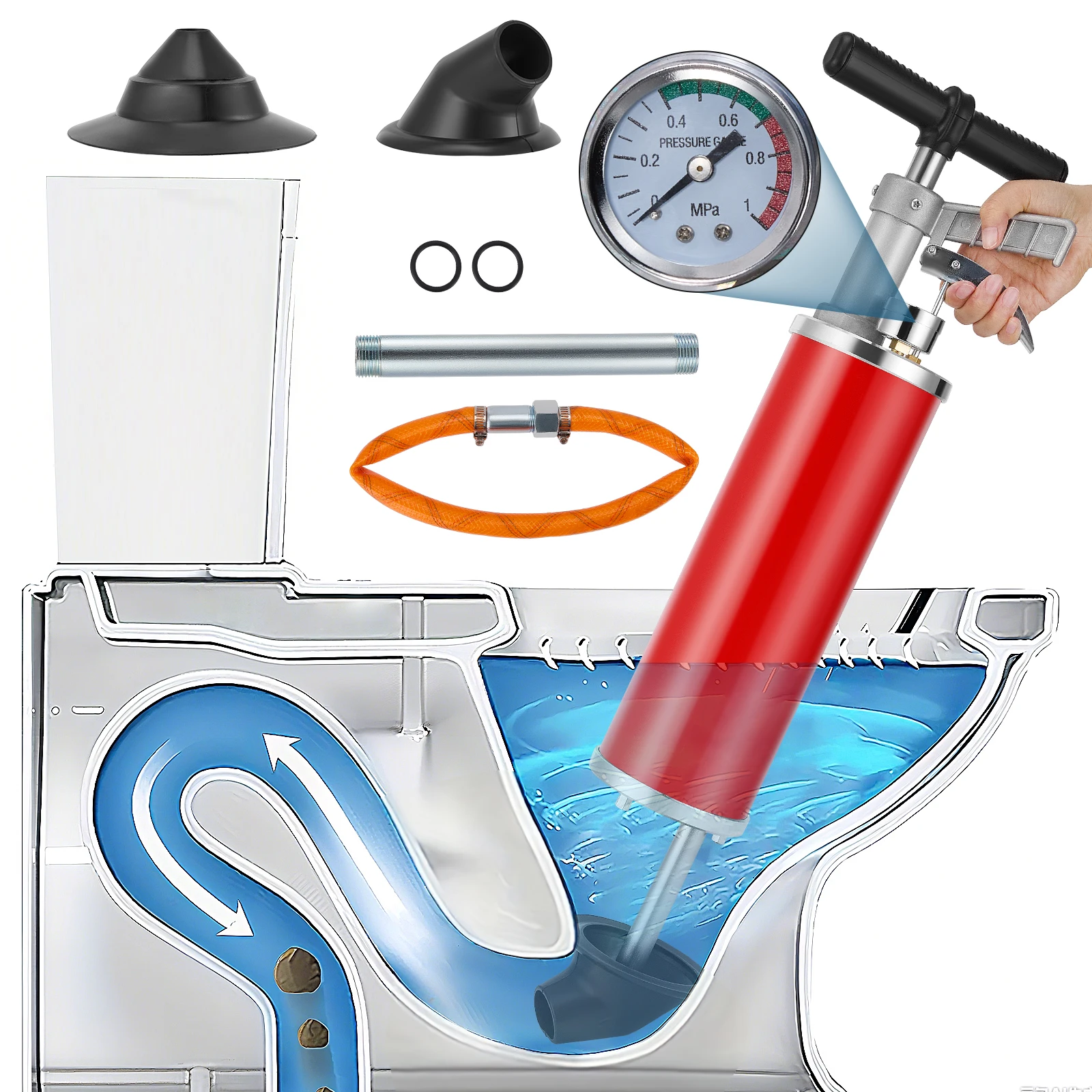 Pompe de nettoyage de tuyaux en acier inoxydable, haute pression, 8 bars, pour un nettoyage efficace des éviers de salle de bains et des canalisations de baignoire