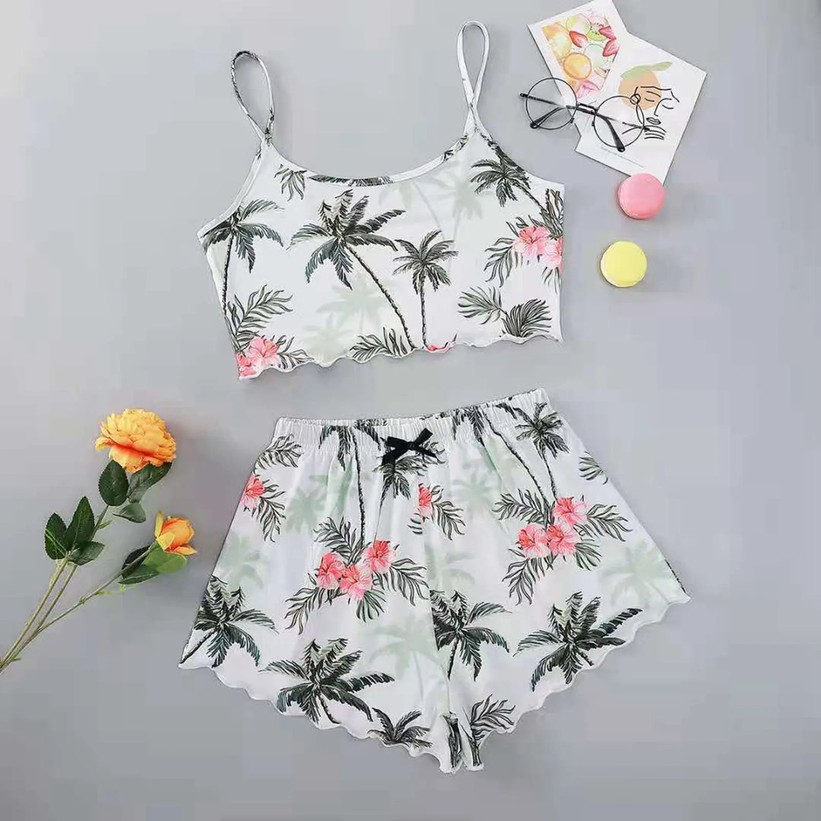 Women\'s 2pcs Cute Soft Comfy Doll Print Sexy Sleepwear Sleeveless Shorts Homewear Spring Autumn New Women Pajama Set Loungewear