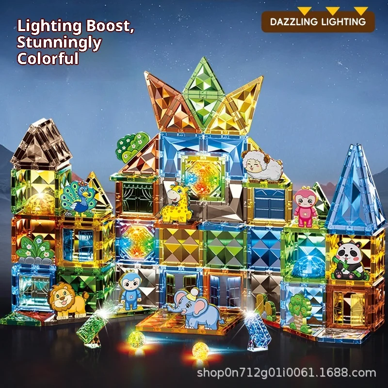 بلاط مغناطيسي مقطوع بالألماس مع خط أنابيب وتصاميم من الزجاج الملون، ألعاب بناء تعليمية جذعية للأطفال من سن 3 إلى 8 سنوات هدية