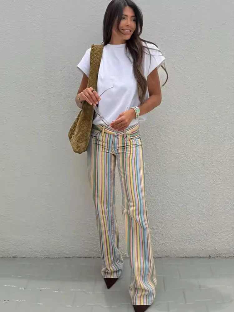 

Colorful Striped Low Waist Jeans Women's Straight Leg Pants 2026 Spring Casual Fashion y2k Streetwear Denim Trousers