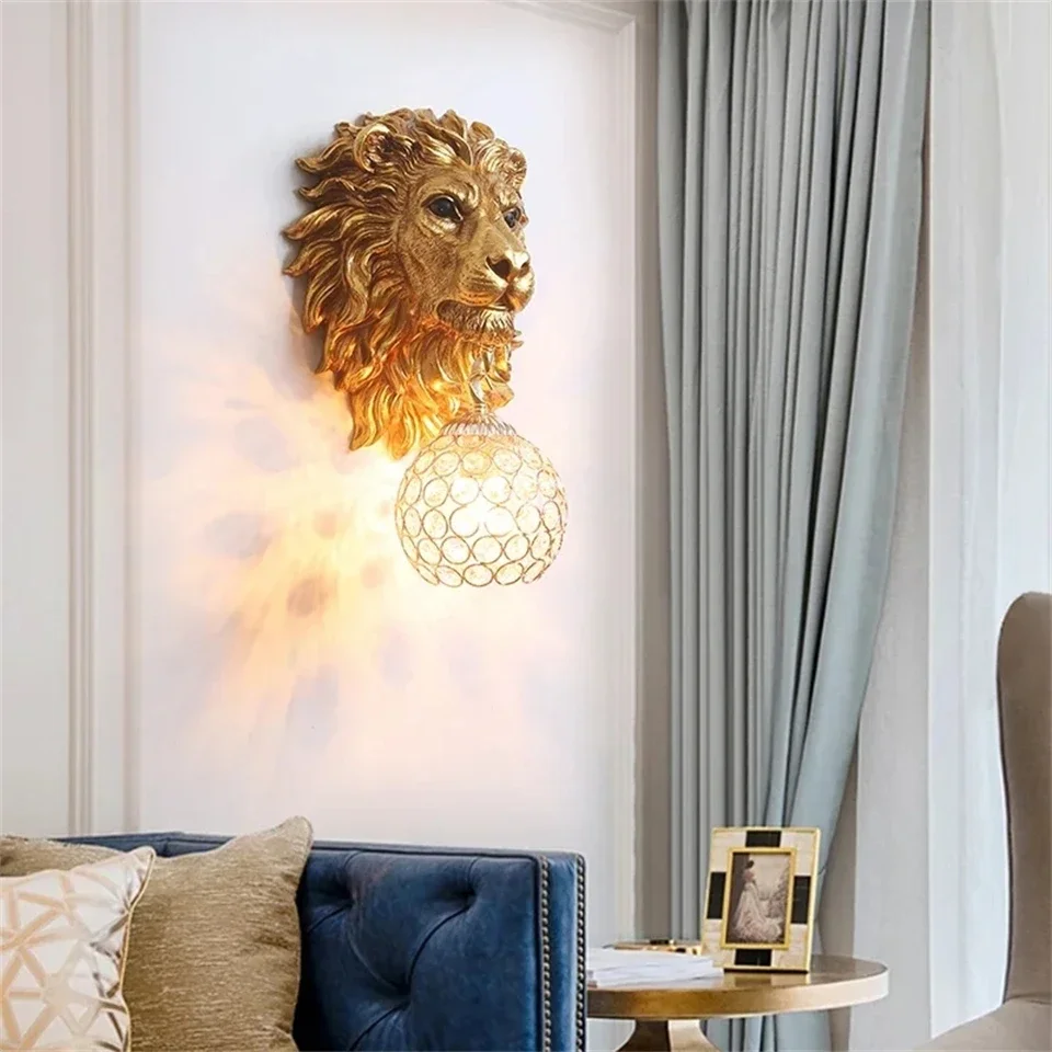 Retro American Lion Wall Lamp Nordic Resin Animal Head LED Indoor Home Decoration Wall Light for Living Room TV Sconce Luminarie