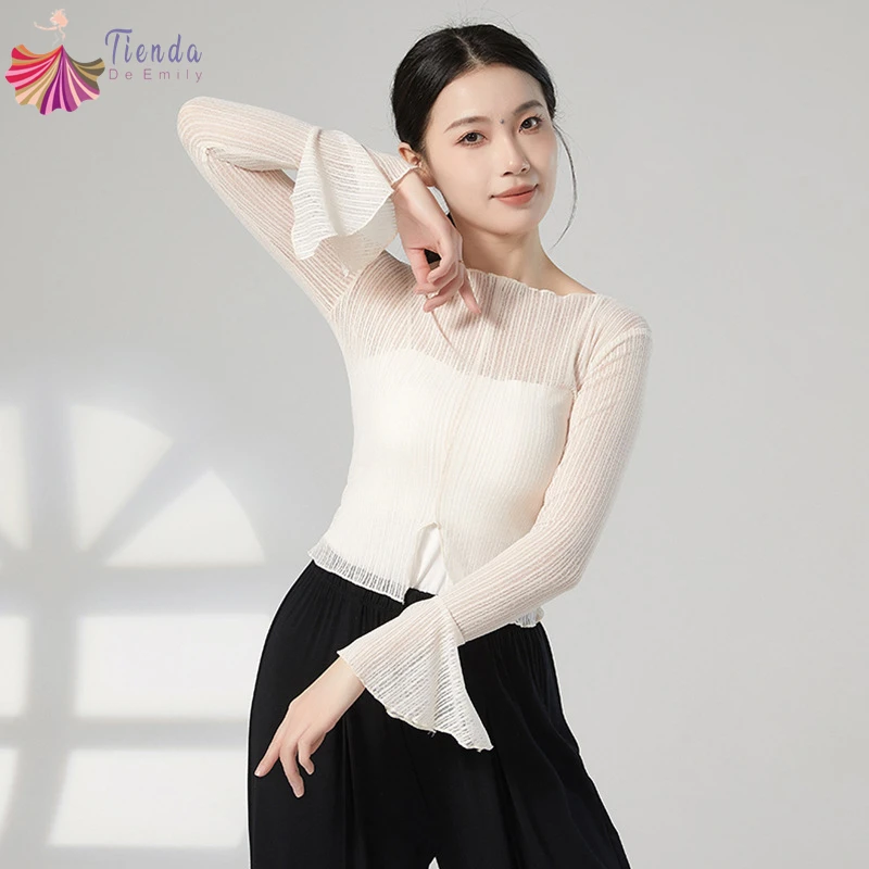 

Women Dance Suit Tops Flared Cuffs Long Sleeve Striped Gauze Mesh Shirt Blouse Performance Training Clothes Split Hem Saree Top