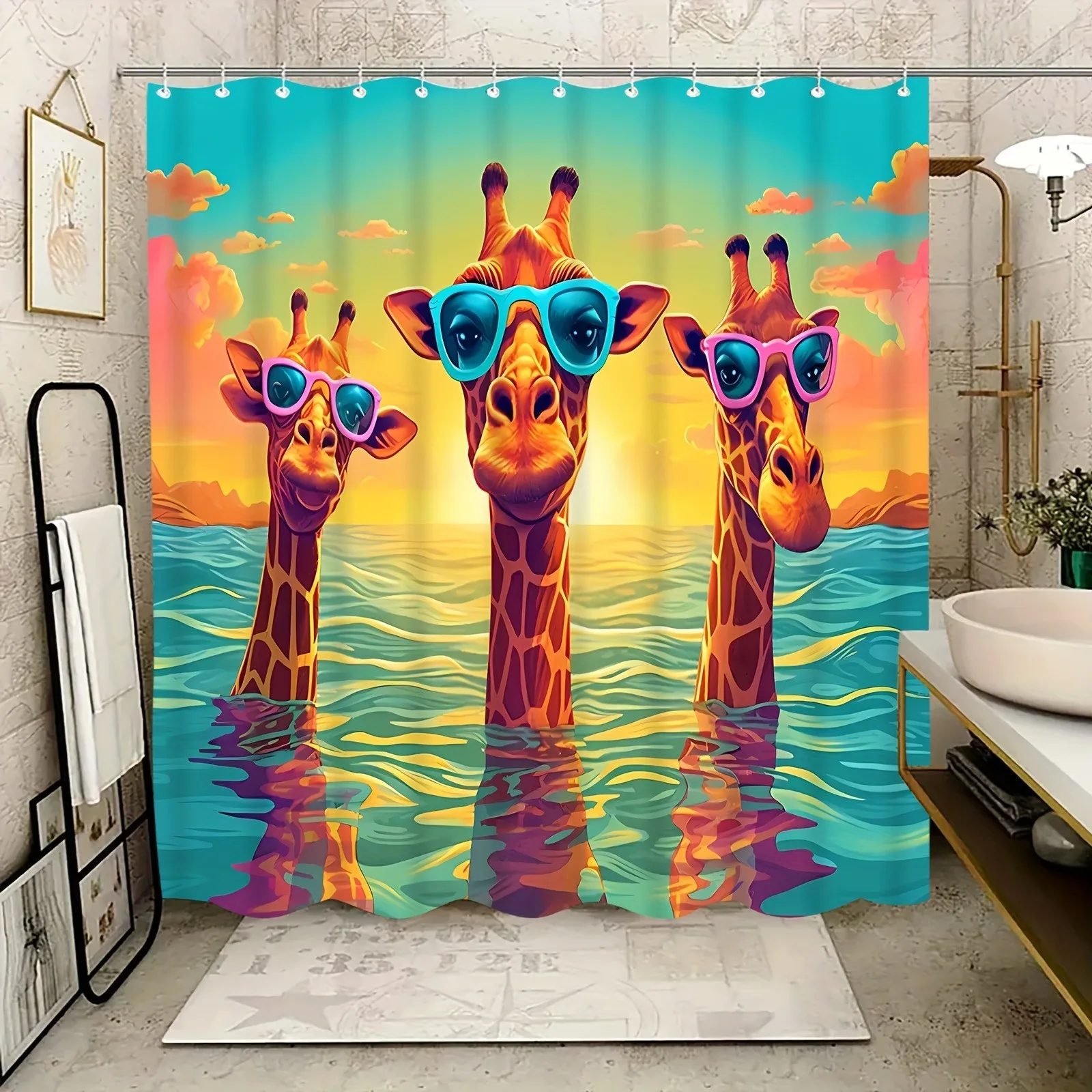 

Пляж с тремя узорами жирафа. Занавеска для душа. Моющаяся грязеотталкивающая насадка для душа. Водонепроницаемая полиэстеровая занавеска для ванны.