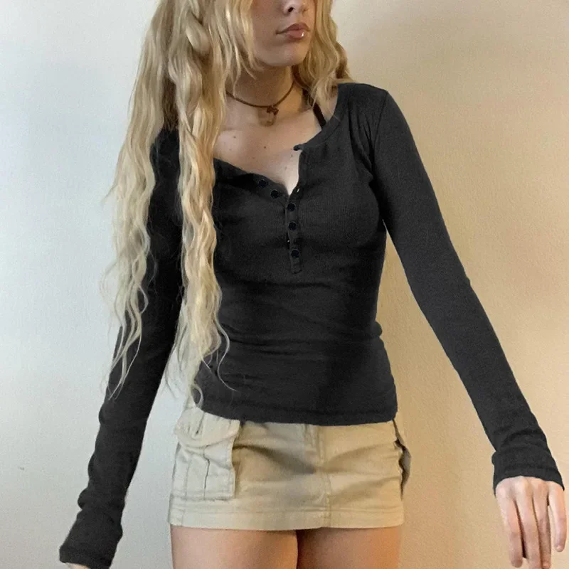 Vintage Y2K Remove Collar Rib Slim Fit Top T-shirt Aesthetic Button Vintage Sloppy Dress Solid Casual 90s Slim Fit Women's Shirt