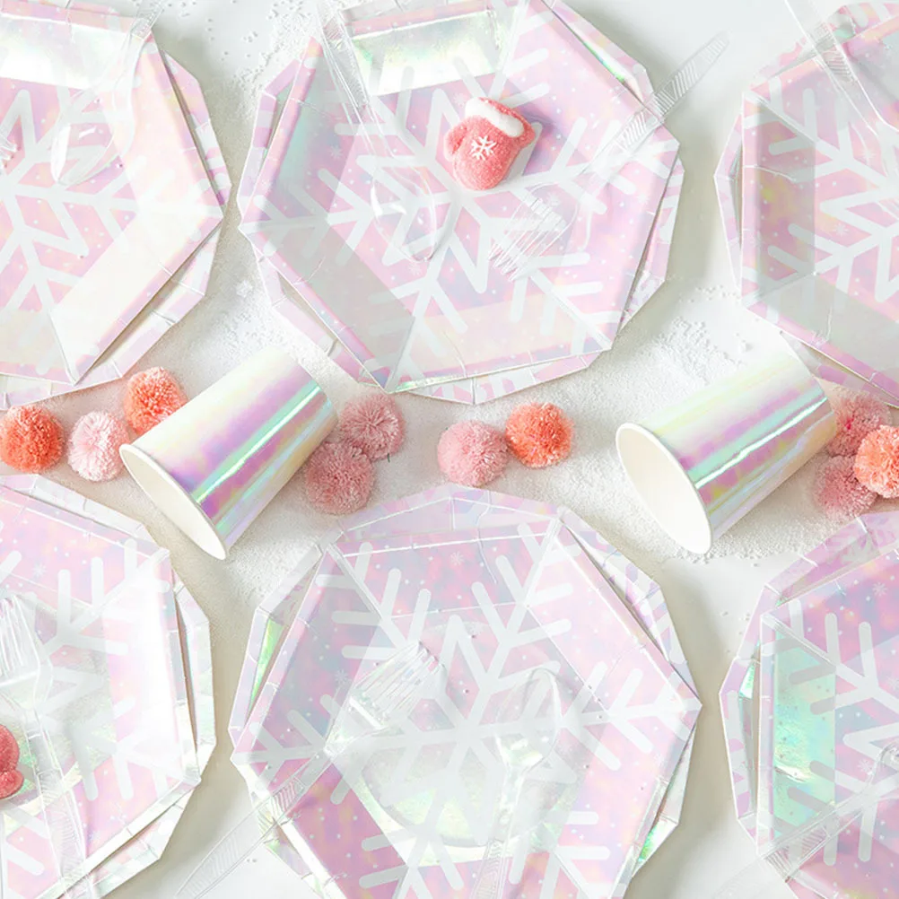 

40Pcs Snowflake Disposable Tableware Set Pink Christmas Party Supplies Hexagonal Dodecagon Paper Plates Birthday Tableware Set