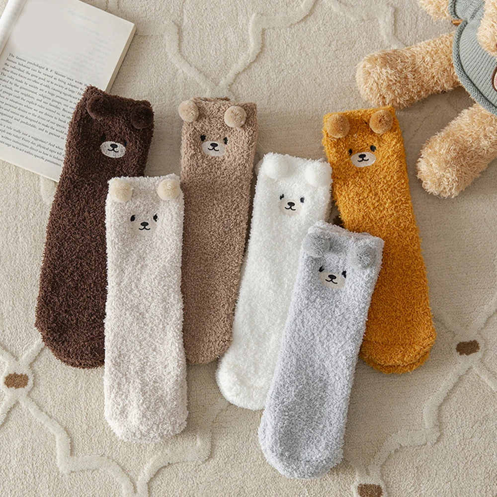 Cute Animal Bear Thick Coral Fleece Fuzzy Socks Home Floor Sleep Sock Female Autumn Winter Warm Funny Socks  Sleep Socks