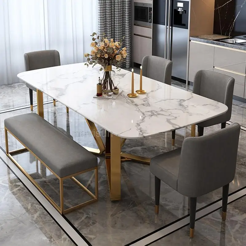 Beauty Marble Dining Table Minimalist Golden Stainless Steel Design High-End Rectangle Table Restaurant Muebles Hotel Furniture