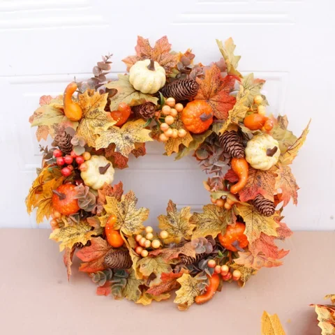 

Autumn Theme Door Wreath Artificial Pumpkin Berries Pine Cone Maple Manmade Garland Cloth Rattan Material Home Decoration