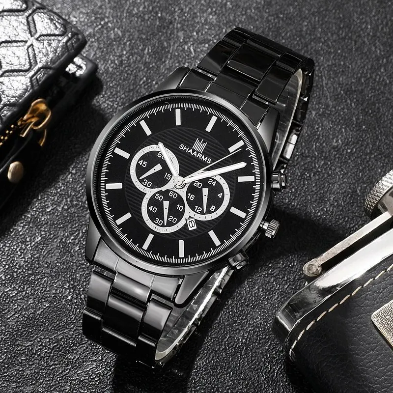 3PCS Men Black Watch Stainless Steel Calendar Watches Simple Casual Men Business Quartz Wristwatch Relogio Masculino